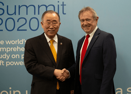 David Haigh and Ban Ki-Moon at the Global Soft Power Summit 2020